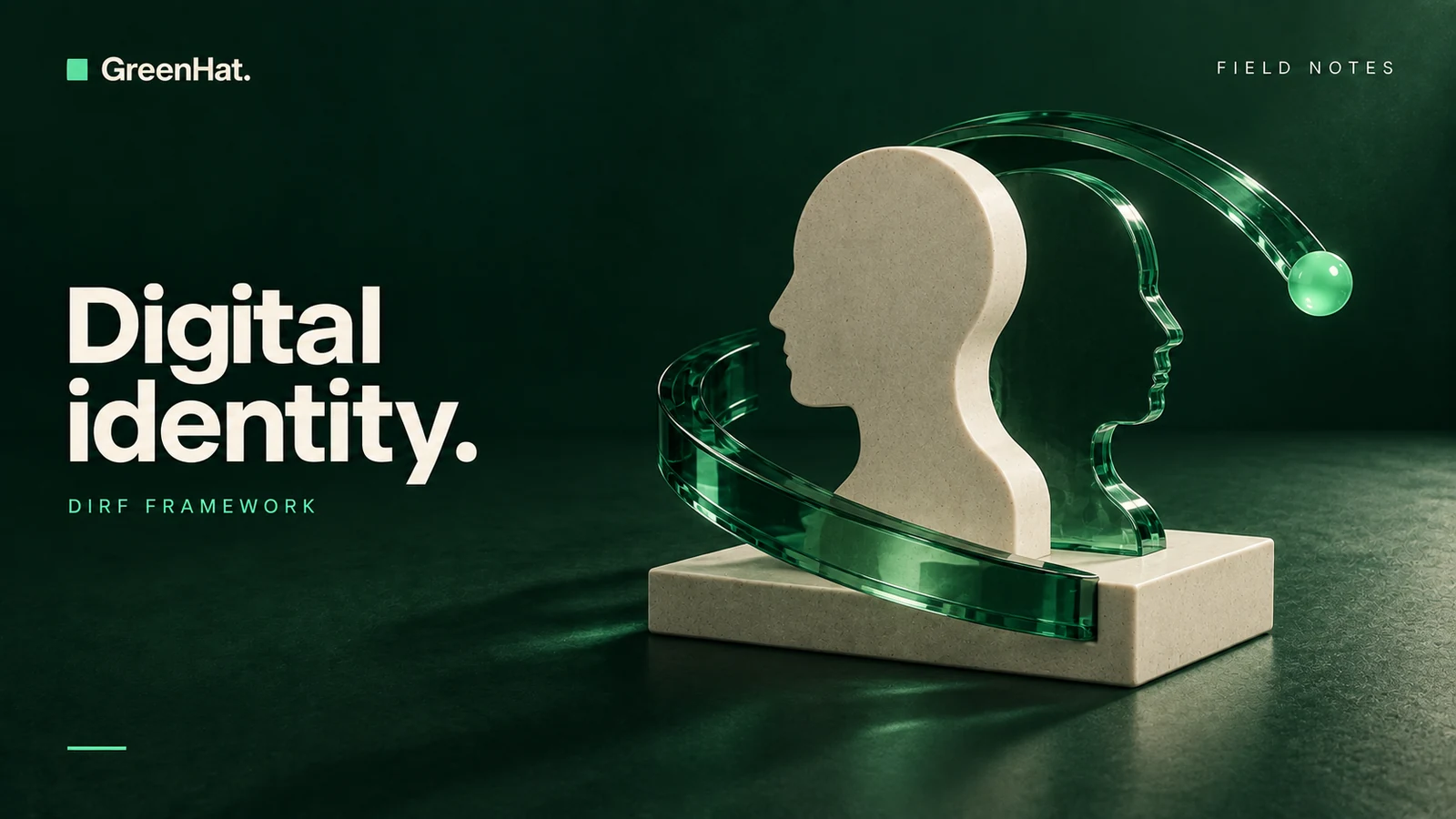 GreenHat editorial cover: Digital identity protection, with emerald glass and ivory profile sculptures