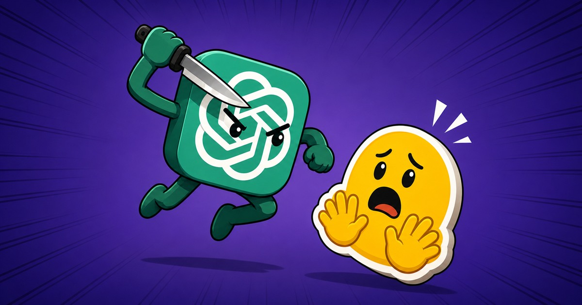 Editorial illustration of an OpenAI character pursuing a frightened Hugging Face character with a knife against a purple background
