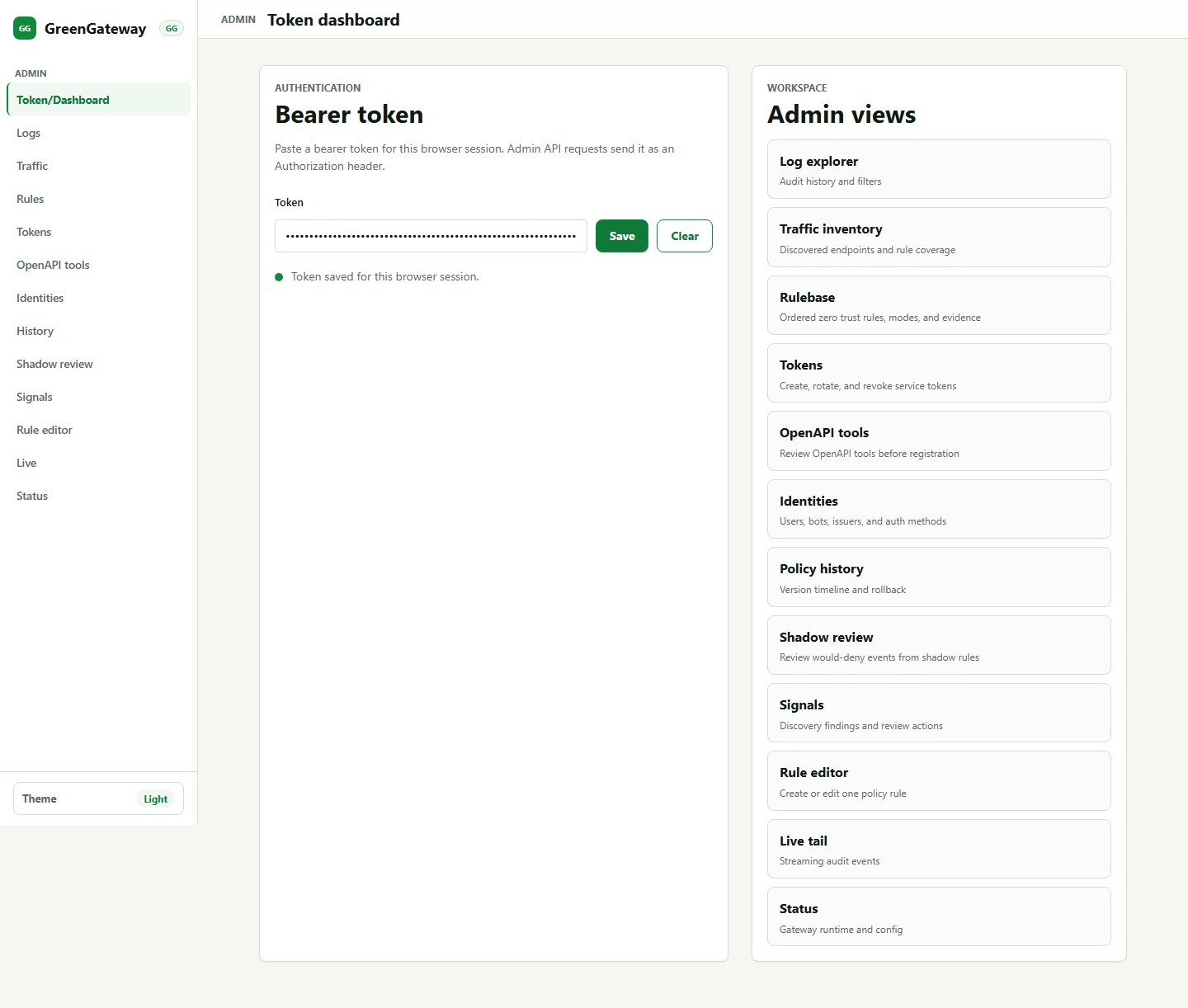 GreenGateway token dashboard showing token save and admin navigation