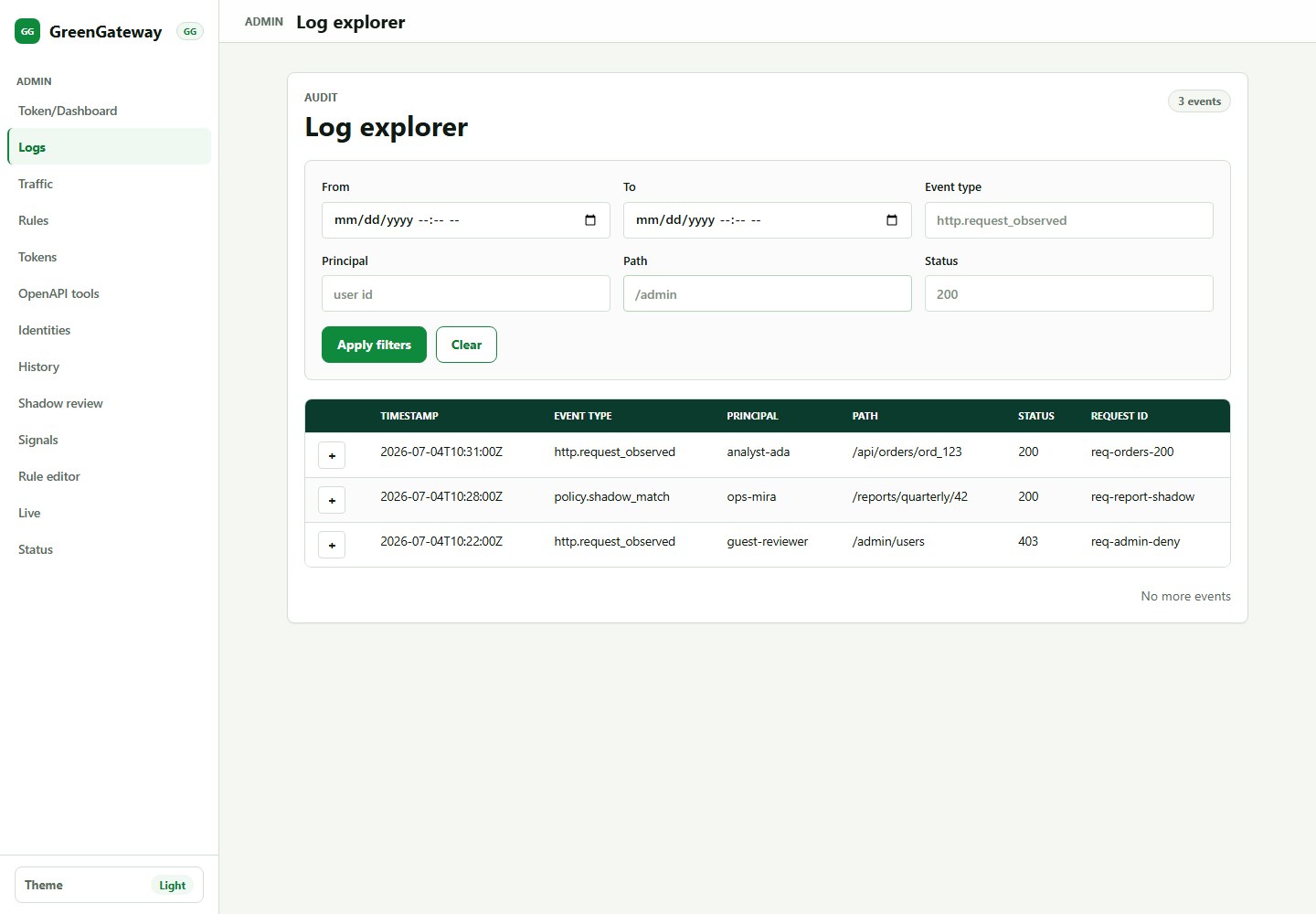 GreenGateway log explorer showing filters and audit events