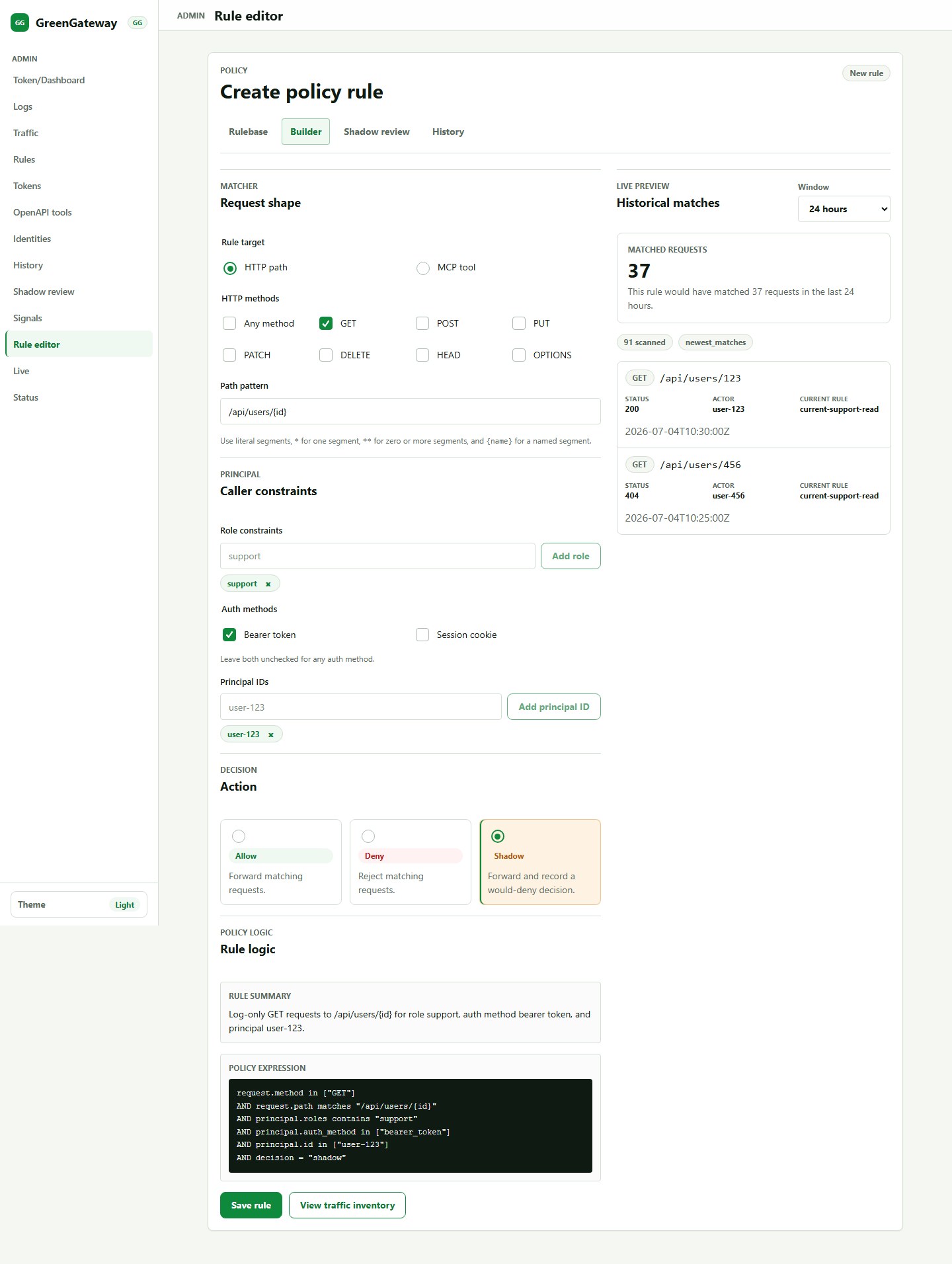 GreenGateway rule editor showing visual matcher controls and preview panel