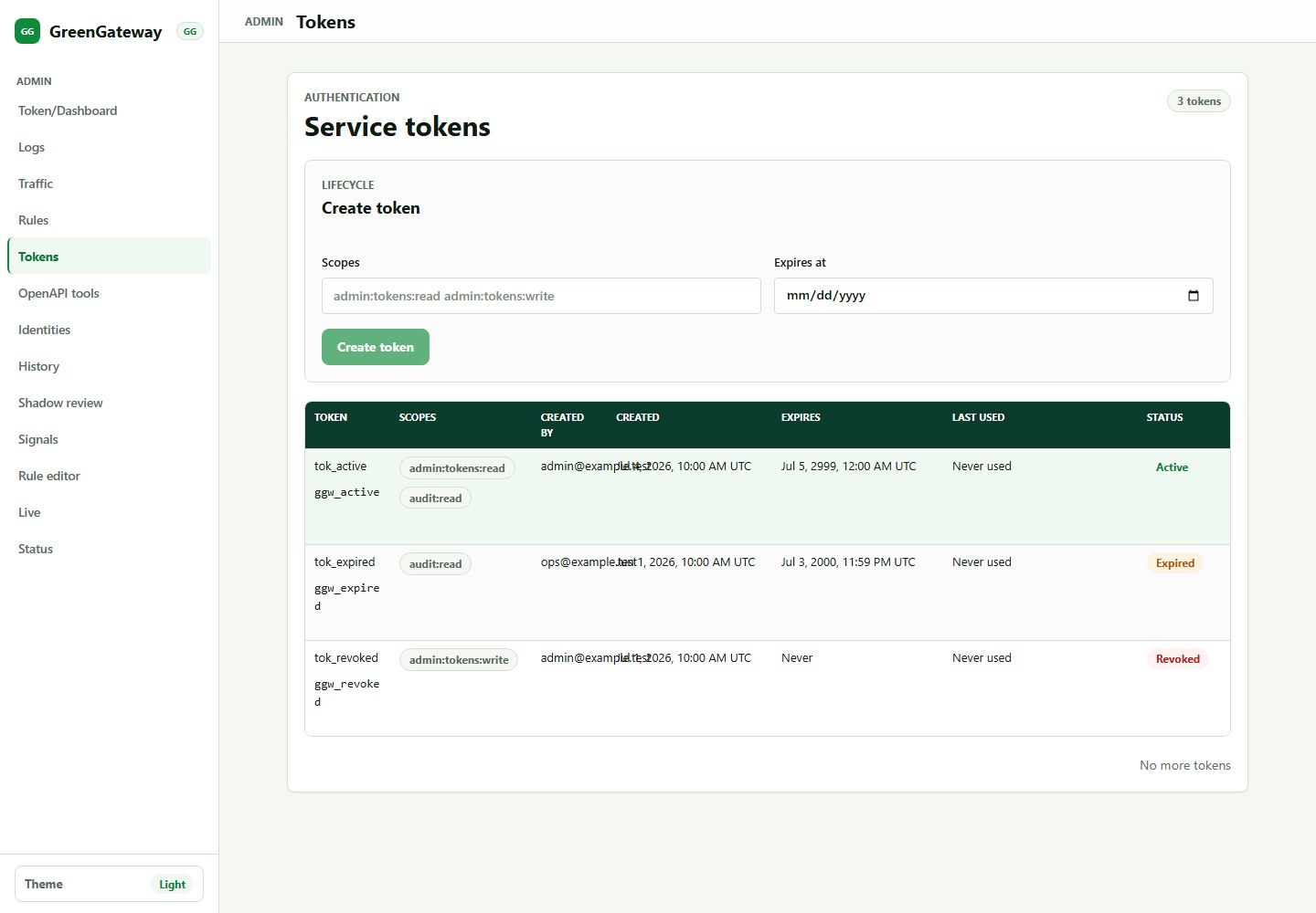 GreenGateway tokens page showing demo service tokens with scopes, expiry, and status