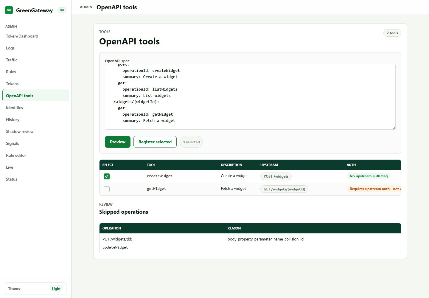 GreenGateway OpenAPI tools page showing a demo OpenAPI spec and generated tool preview