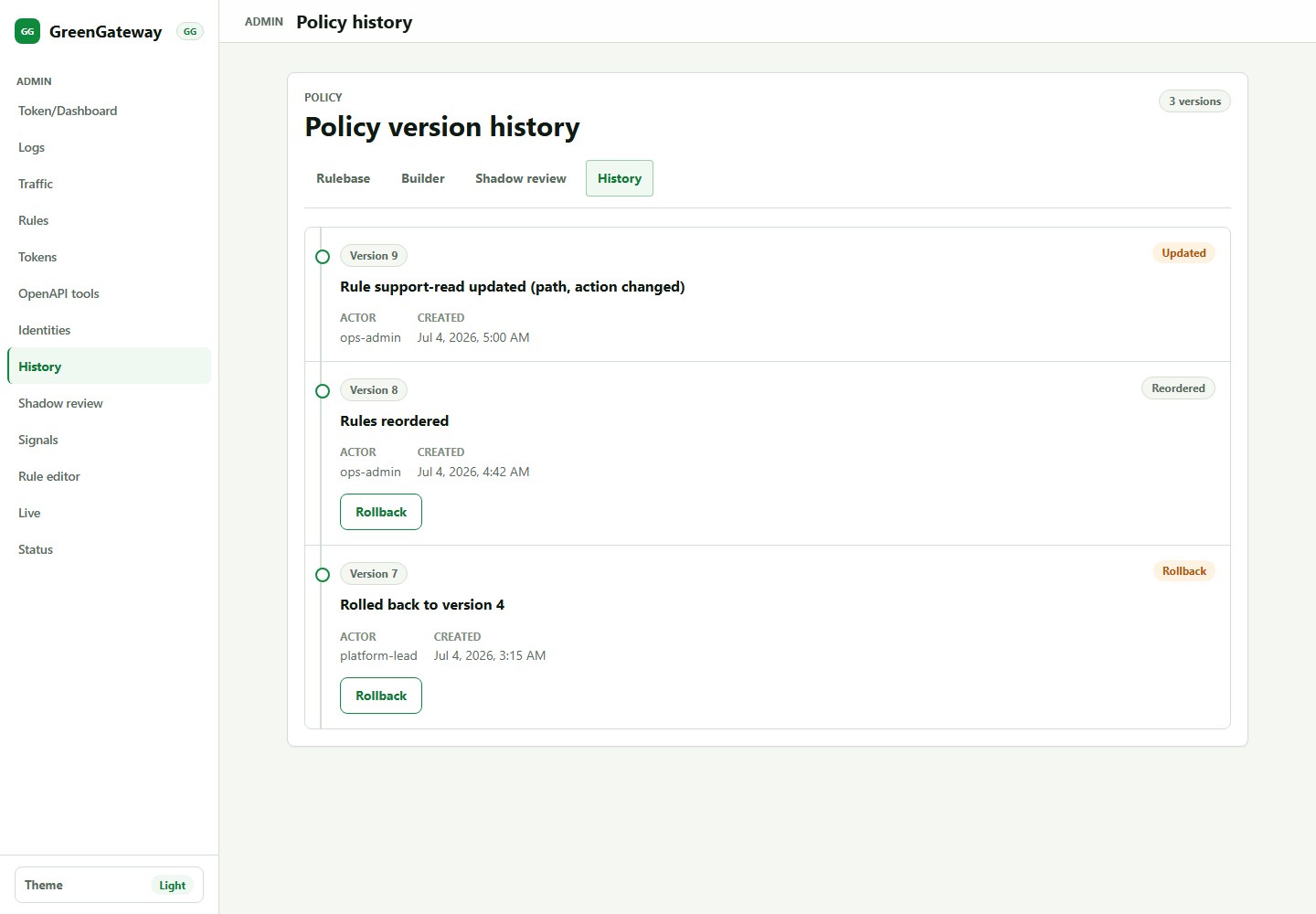 GreenGateway policy history page showing demo policy versions and rollback controls